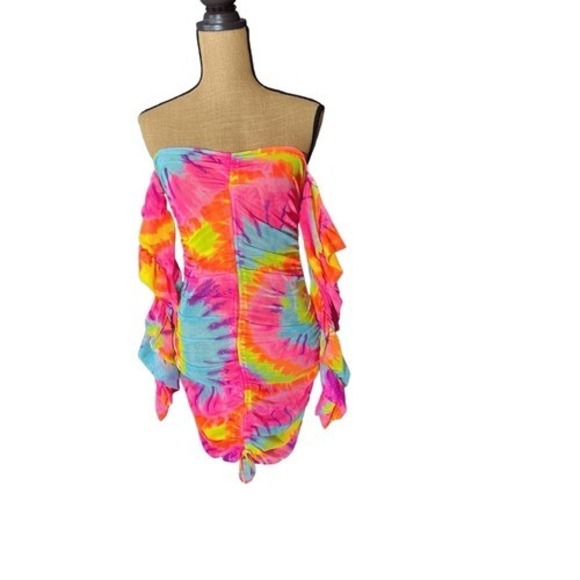 Bodycon Tie Dye Off Shoulder Mini Dress Size L Rainbow Mardi Gras - Picture 9 of 16